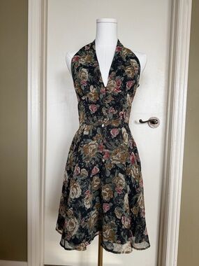 Vintage Y2K Dark Floral Halter Dress Sheer Fit & Flare Romantic Cottagecore